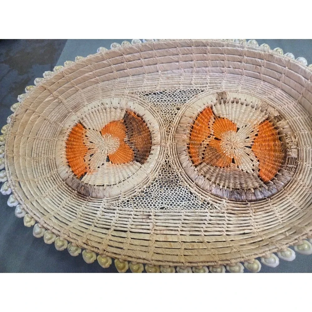 Vintage Oval Woven Straw Basket Cowrie Shell Trim Boho Wall Decor Tray Orange